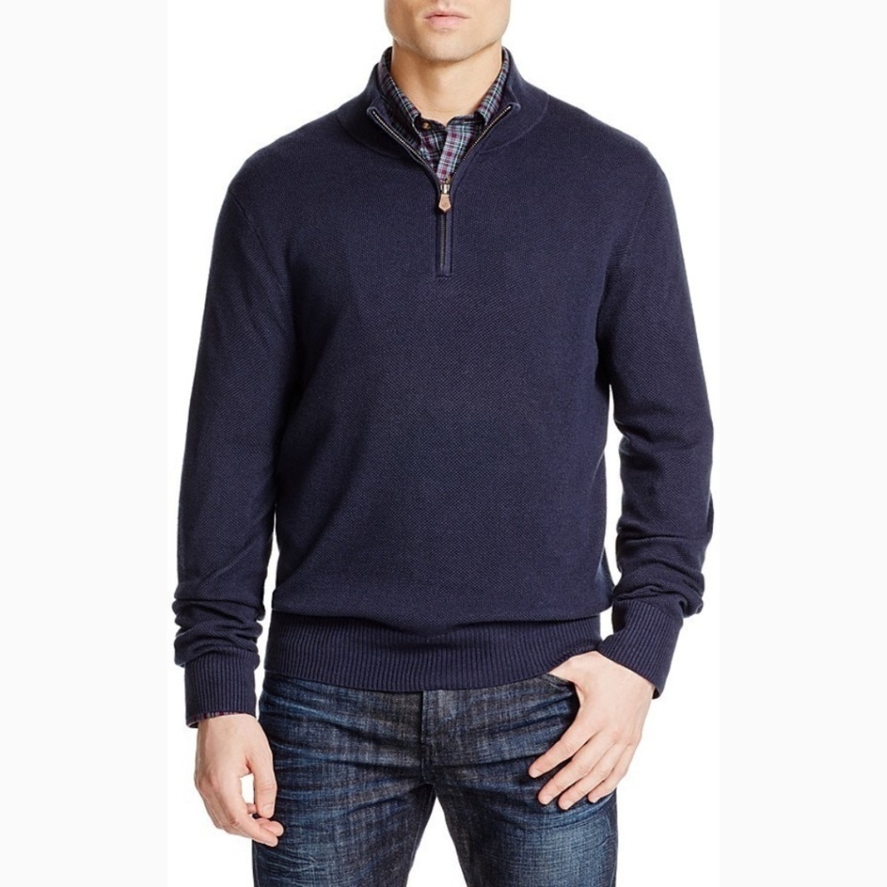 BROOKS BROTHERS Cotton and Cashmere Pique Quarter Zip Navy Pullover Sweater L